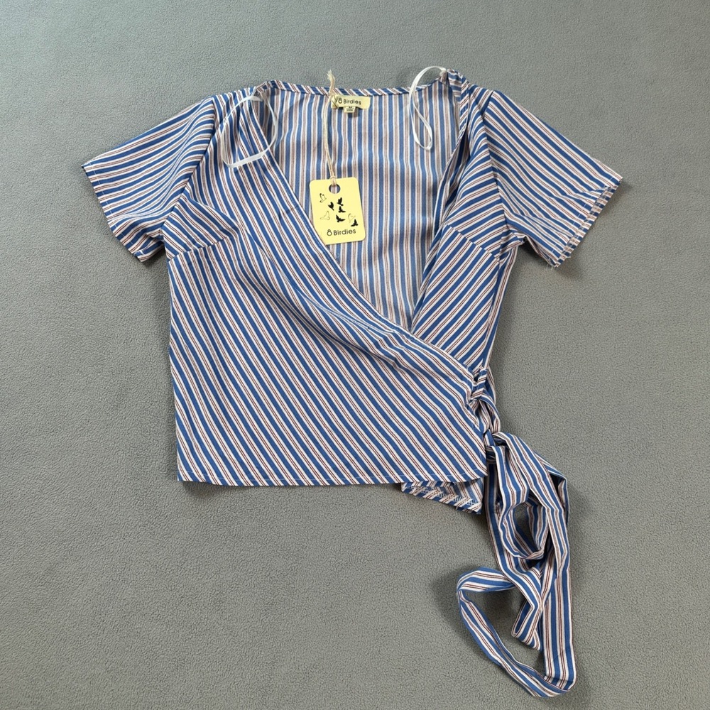 NWT 8 Birdies Australia Blouse Top Blue Stripe Wrap Tie Short Sleeve V Neck M